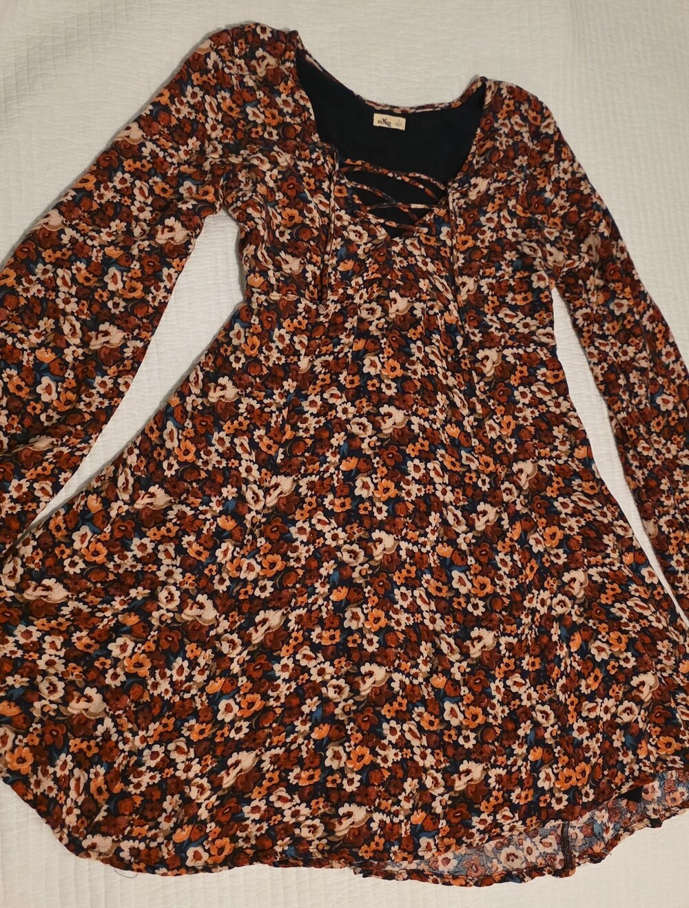 Hollister Lace Up Floral Long Sleeve Mini Dress Size Small